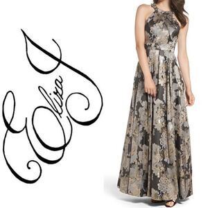 Eliza J Embellished Metallic Brown Multi Floral Jacquard Ballgown